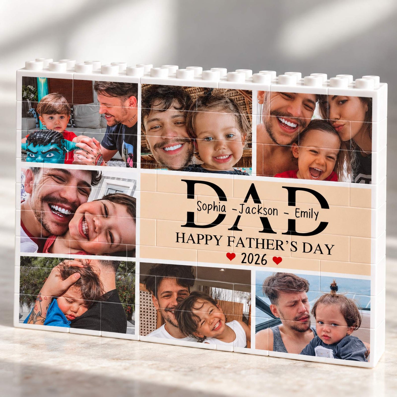 Macro close-up of Custom Photo Dad Brick Puzzle showing printed brick seams and kids names