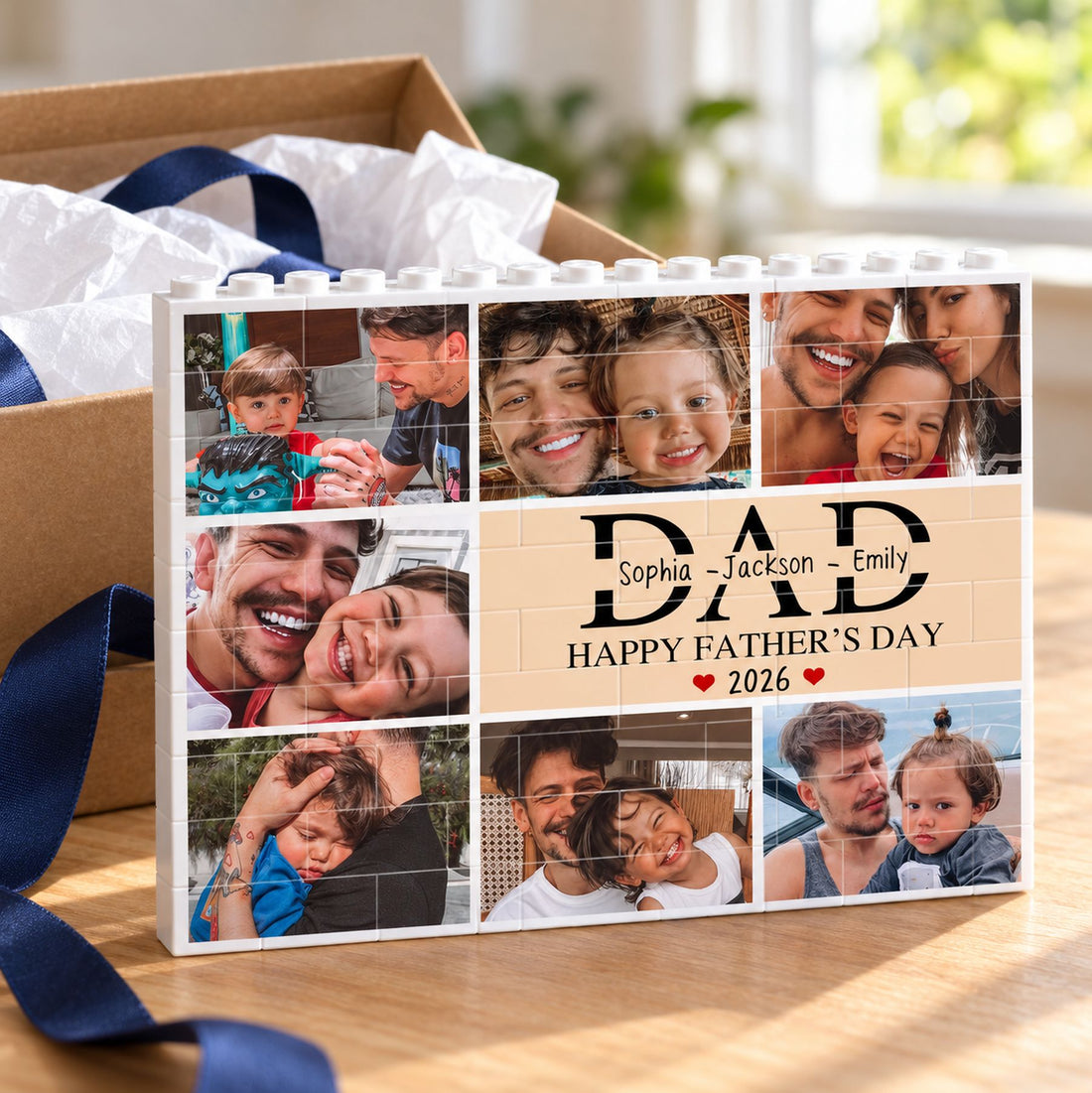 Father's Day Custom Photo Brick Puzzle presented next to an open gift box with ribbon