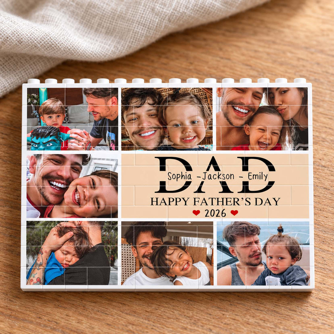 Personalized Dad building brick photo puzzle lying flat on natural wood surface