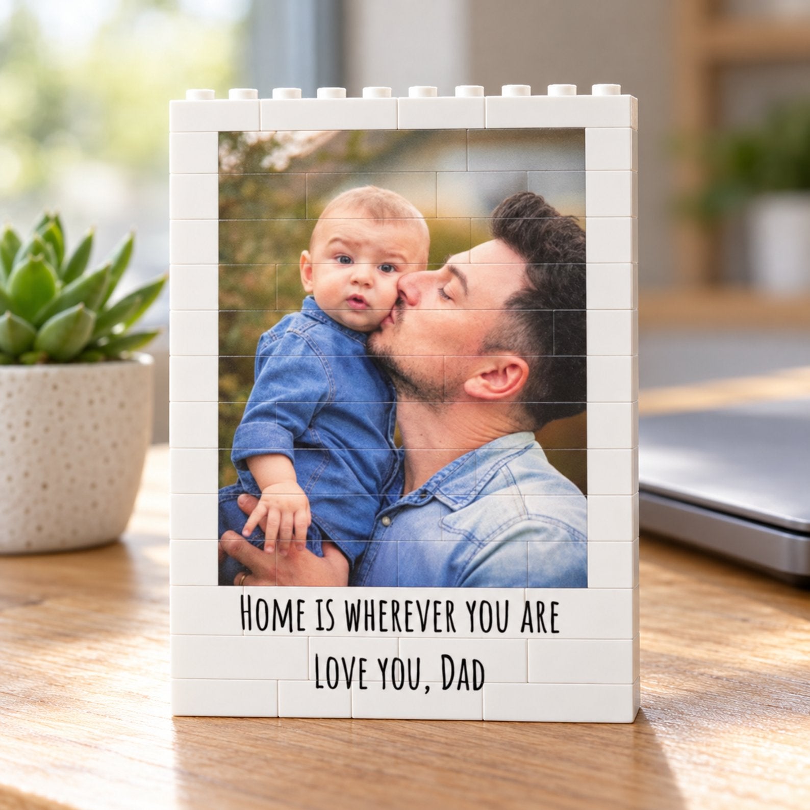 Custom photo Dad and kid building brick block standing on a wooden office desk