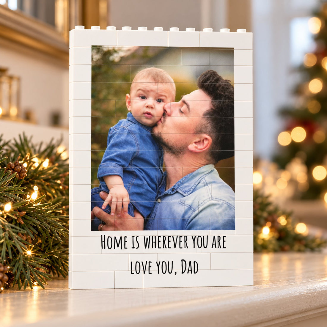 Personalized Father's Day building brick photo block displayed on a holiday mantel