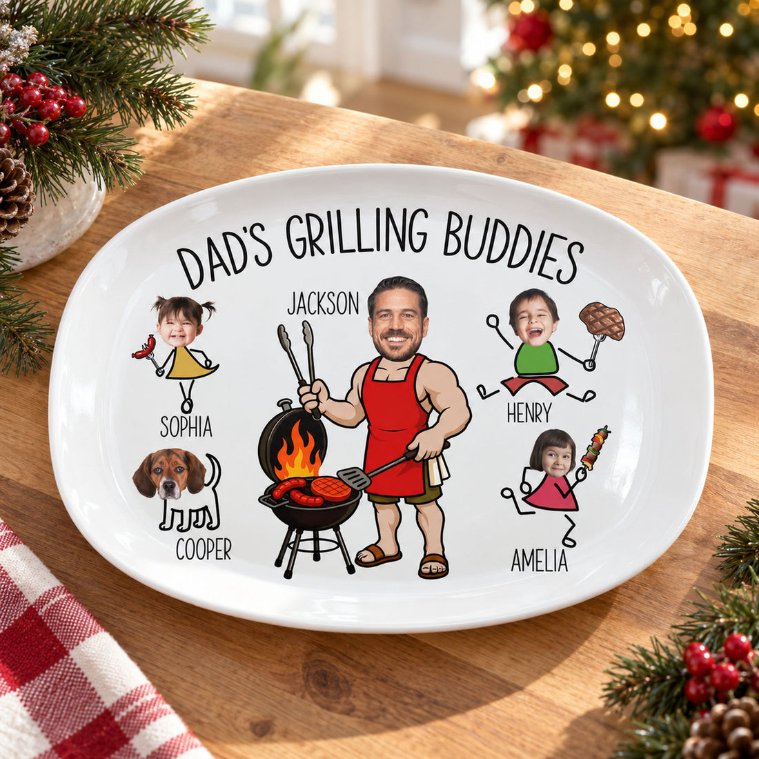 Personalized Dad Grilling Buddies platter on a holiday kitchen counter with pine greenery