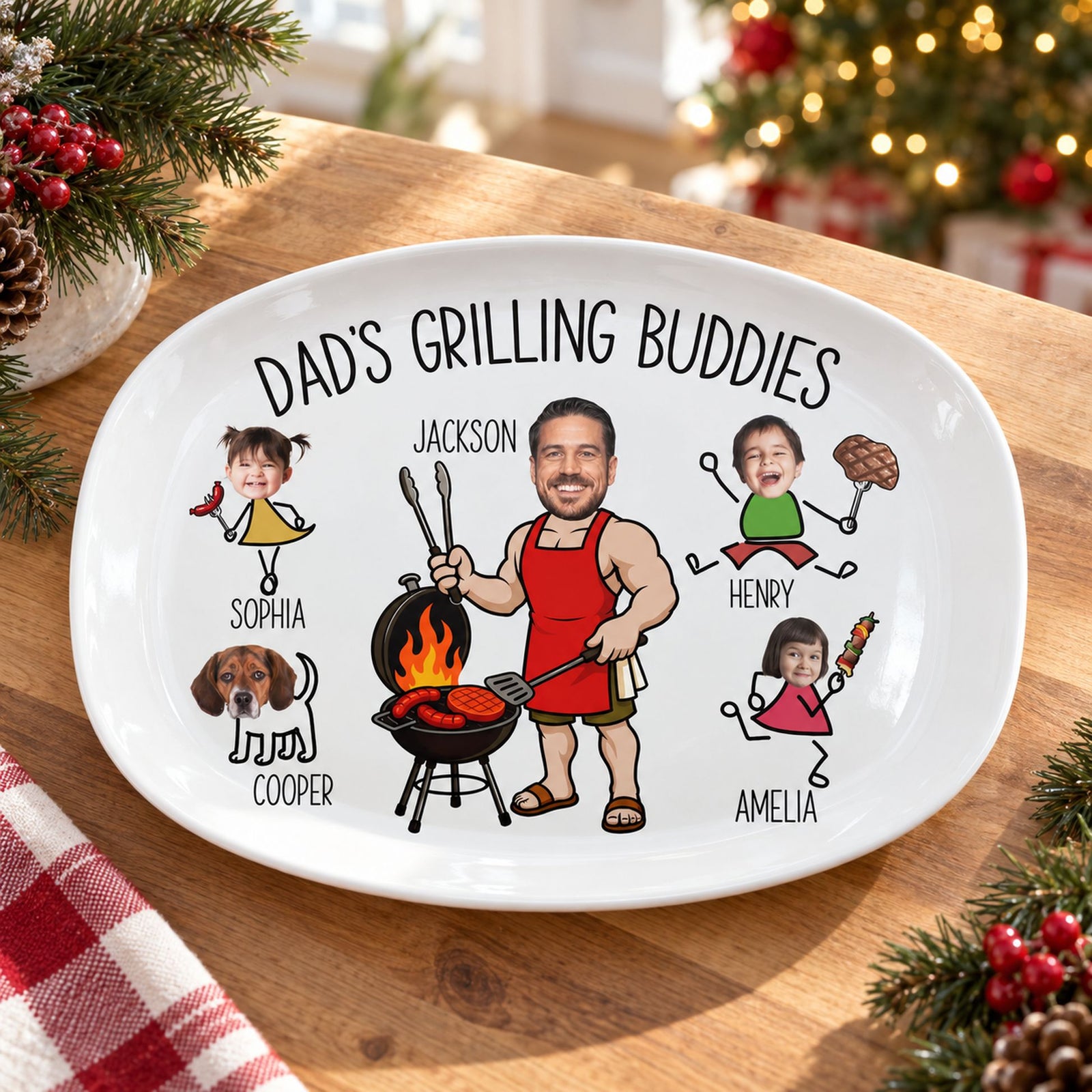 Personalized Dad Grilling Buddies platter on a holiday kitchen counter with pine greenery