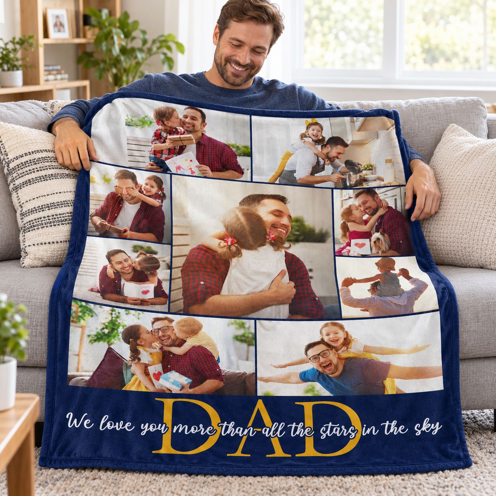 Father relaxing on sofa with custom photo Dad blanket over his lap