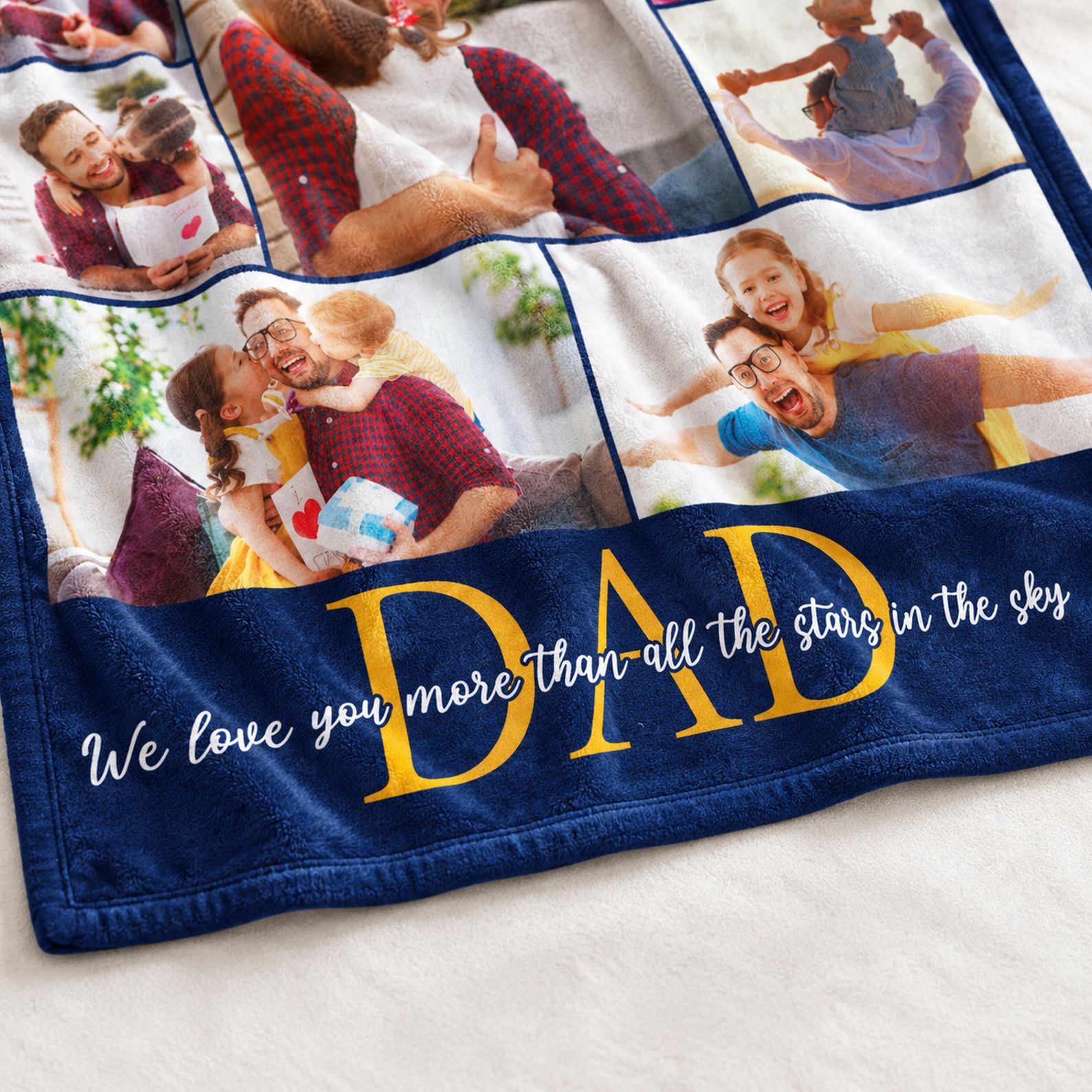 Close-up of soft fleece texture and stitched hem on custom Dad blanket
