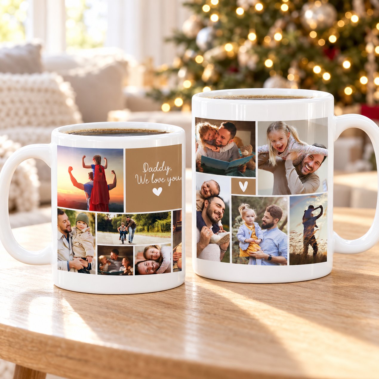 Personalized Dad We Love You photo collage ceramic mug on wooden table near Christmas tree