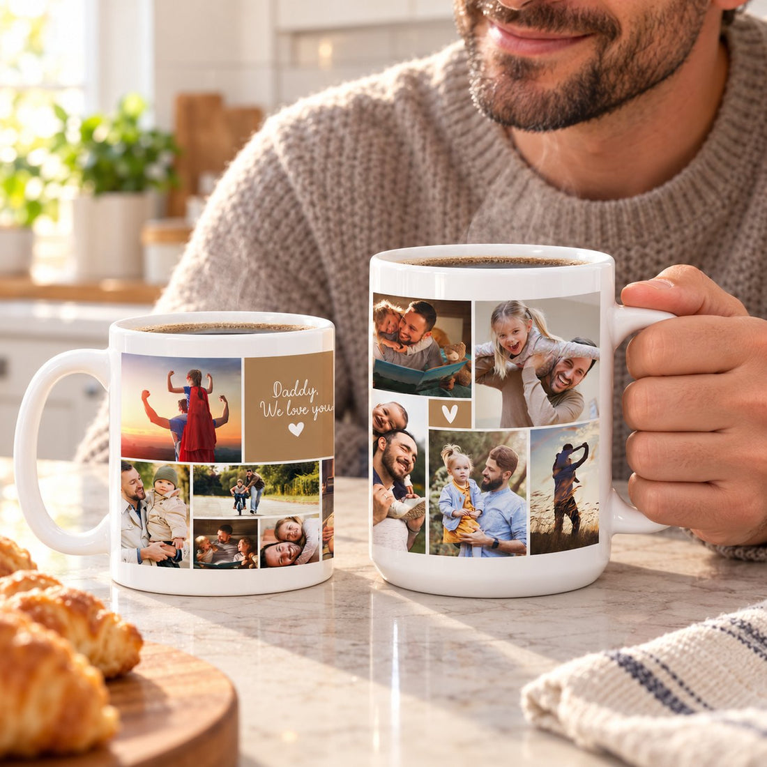 Dad holding custom photo collage coffee mug with steam rising in bright morning kitchen