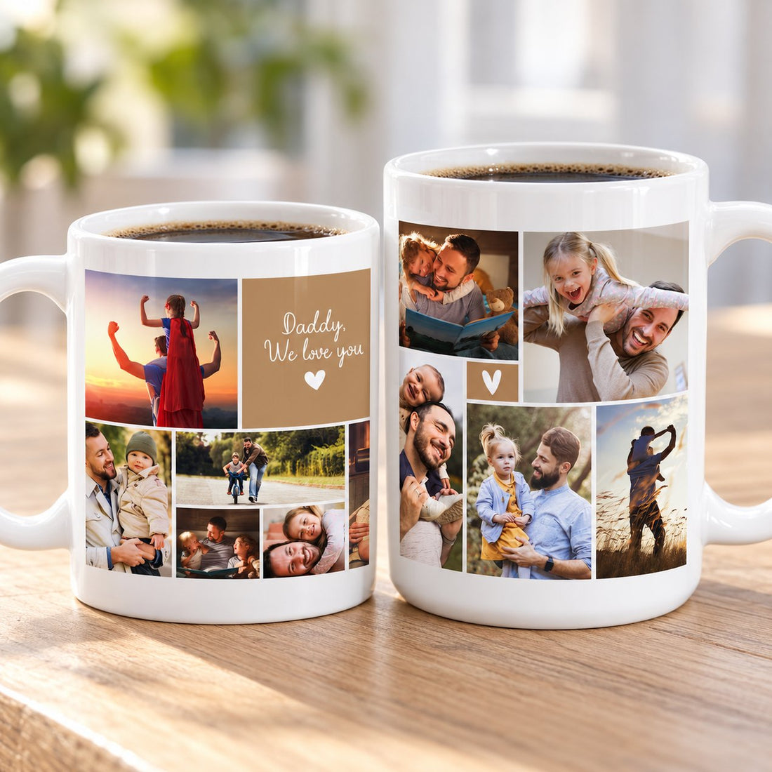 Close up detail of glossy ceramic mug print showing Daddy We love you text and photo collage