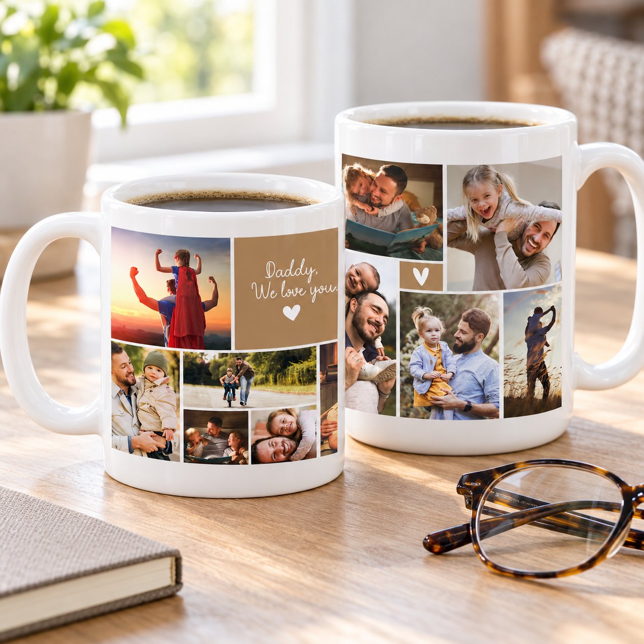 Custom Dad photo collage 11oz ceramic mug next to eyeglasses on wooden desk for size scale