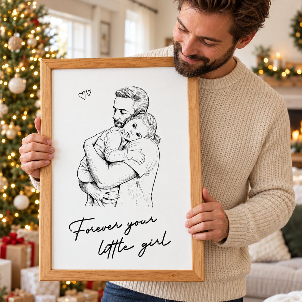 Happy dad holding his personalized Forever your little girl framed wall art gift