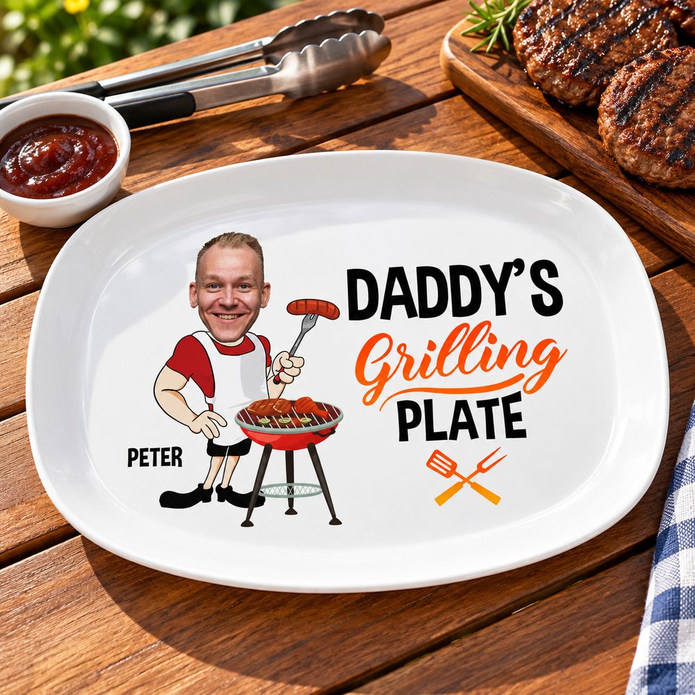 Custom photo Daddy's Grilling Plate on a wooden BBQ table with tongs and burgers