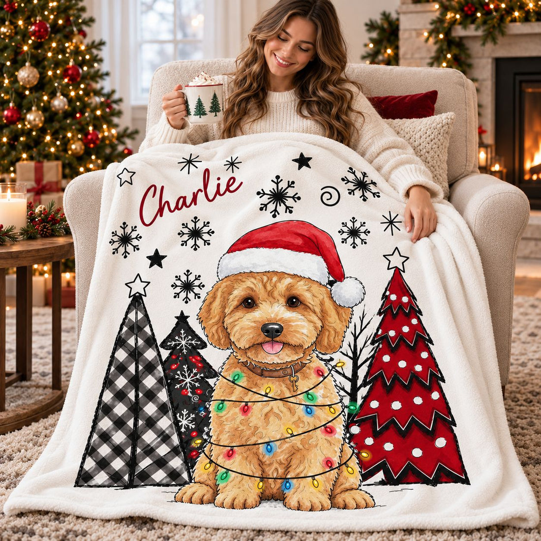 Woman cozying up under custom dog watercolor Christmas fleece blanket on armchair