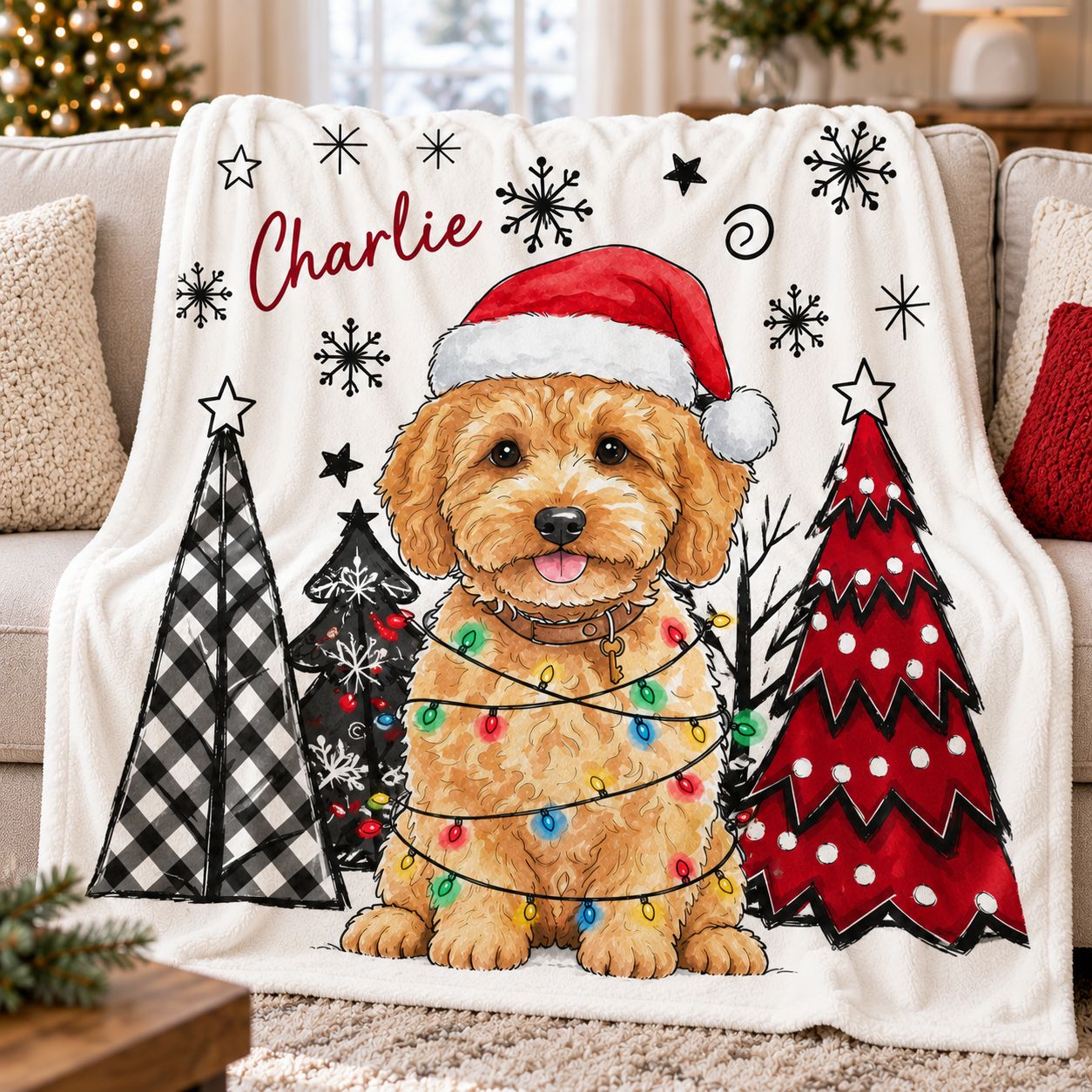 Close up texture of custom pet photo Christmas fleece blanket print
