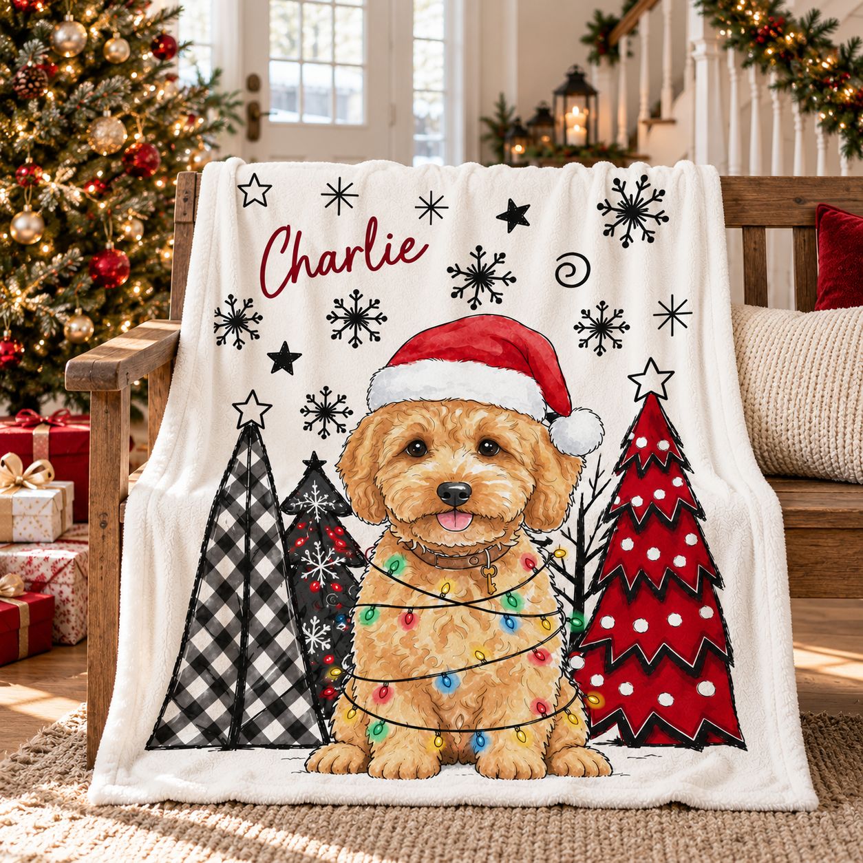 Personalized dog Christmas fleece blanket displayed on entryway bench by tree