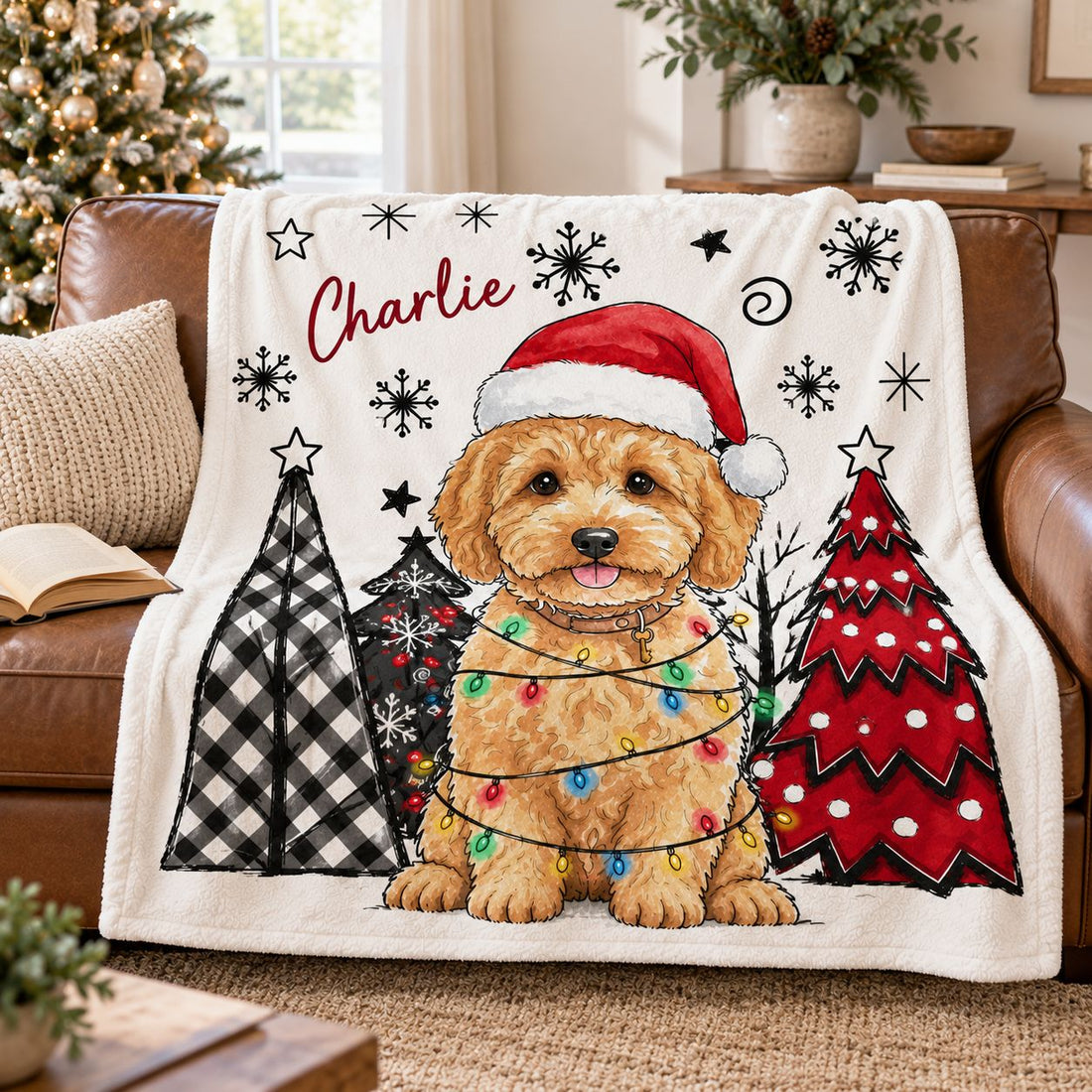 Custom pet watercolor Christmas blanket spread on loveseat showing true size
