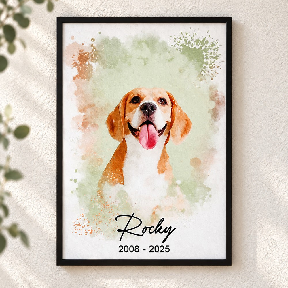 Personalized watercolor dog memorial framed poster Rocky hanging on bright textured wall