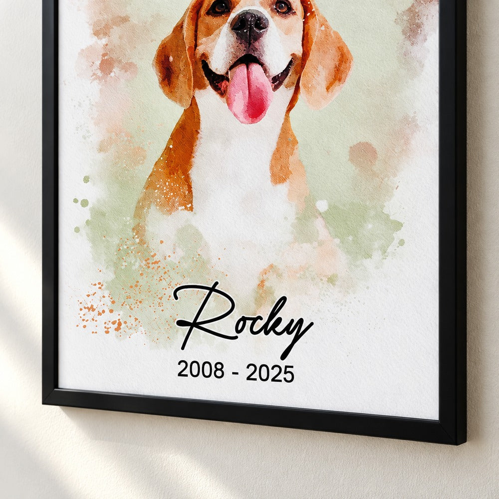 Close-up detail of watercolor pet portrait print texture and custom script name Rocky