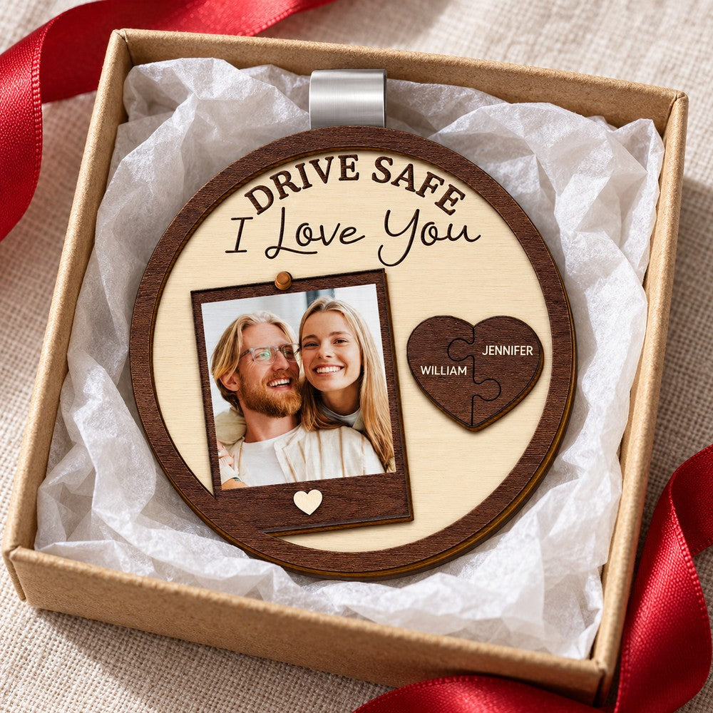 Custom Drive Safe I Love You couples car visor clip in an open holiday gift box