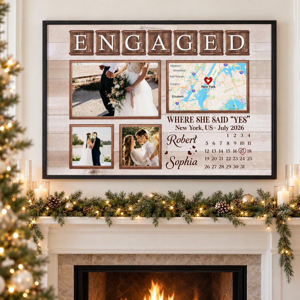 Custom photo engagement couple poster hanging above a holiday fireplace mantel