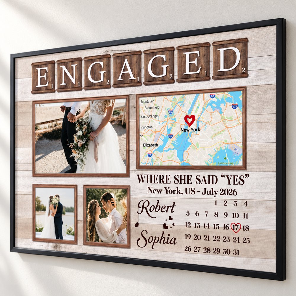 Close up detail of personalized engagement map and calendar print texture