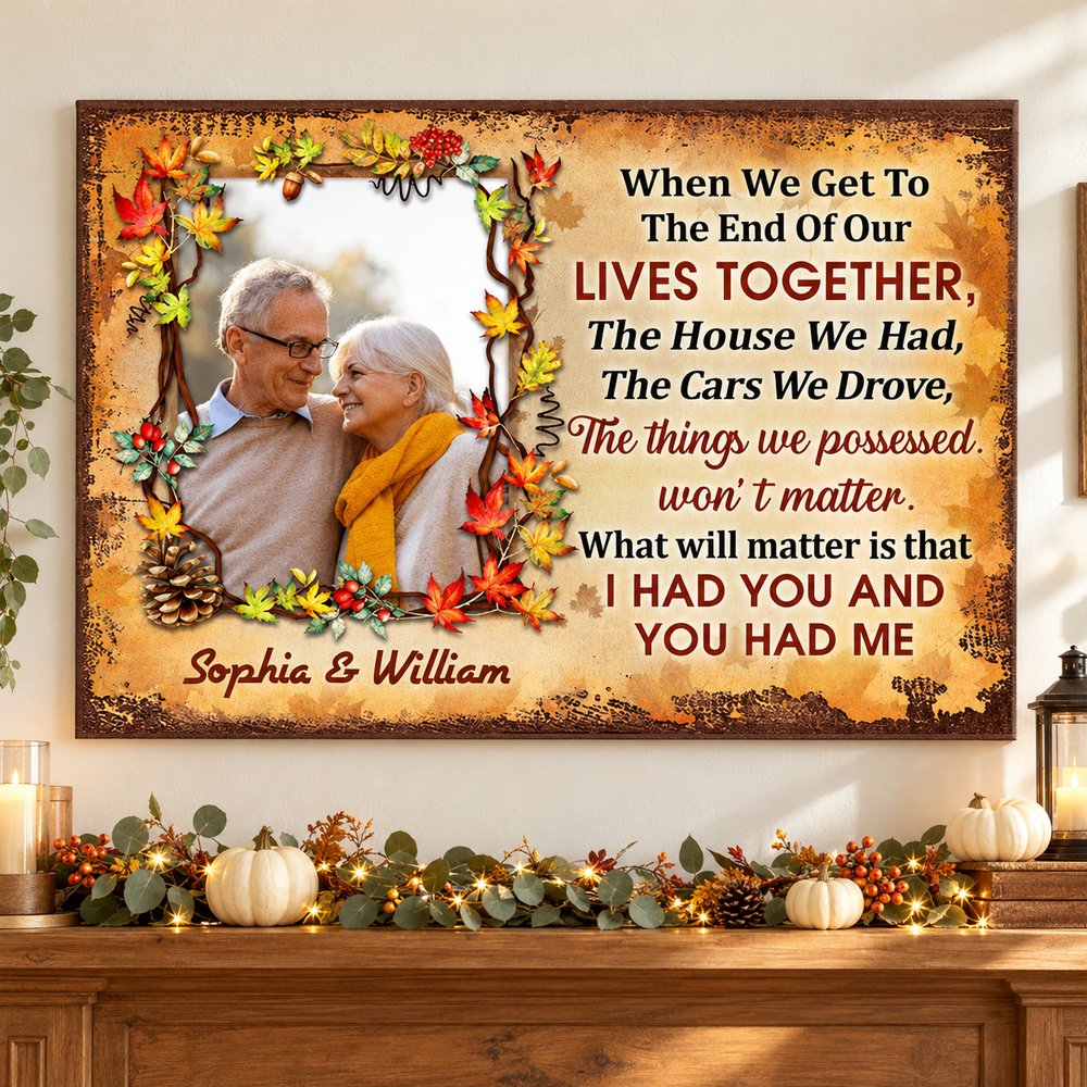 Personalized couple autumn poster hanging above a cozy fall decorated mantel