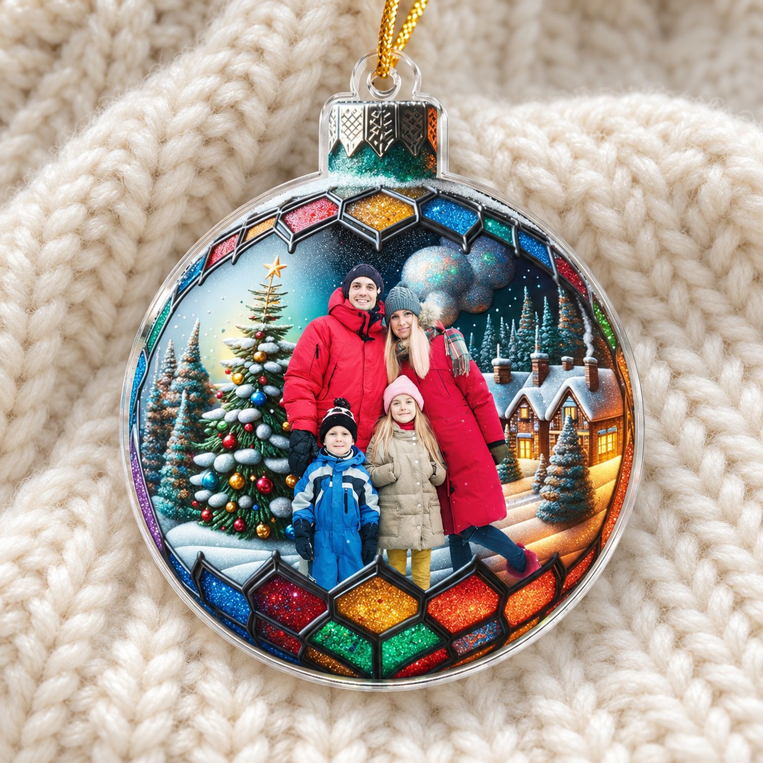 Close-up detail of custom shaped acrylic ornament showing glossy edge and stained-glass print
