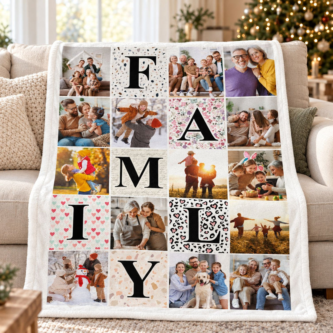 Custom family photo collage blanket draped on a beige sofa next to a Christmas tree