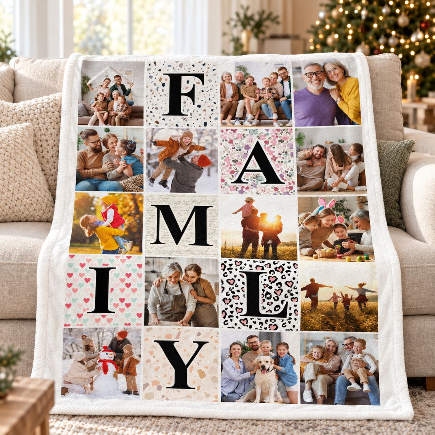 Custom family photo collage blanket draped on a beige sofa next to a Christmas tree