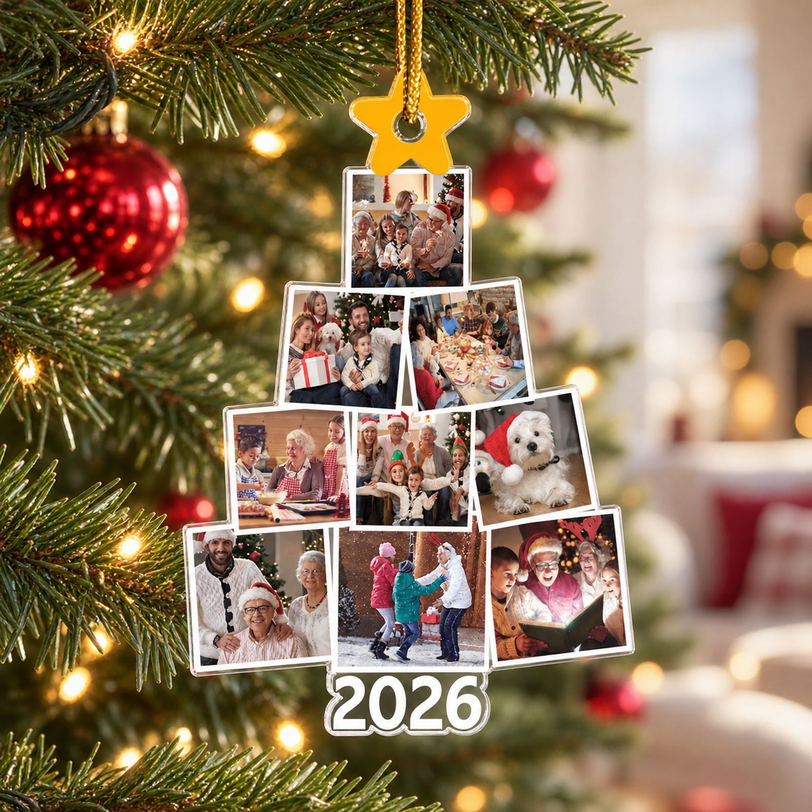 Custom Photo Family Tree Christmas acrylic ornament hanging on a bright Christmas tree branch