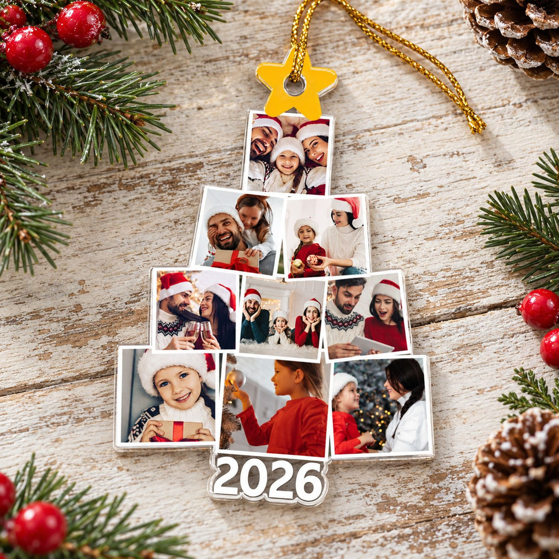 Personalized family photo tree acrylic ornament styled flat with pine sprigs and holiday decor