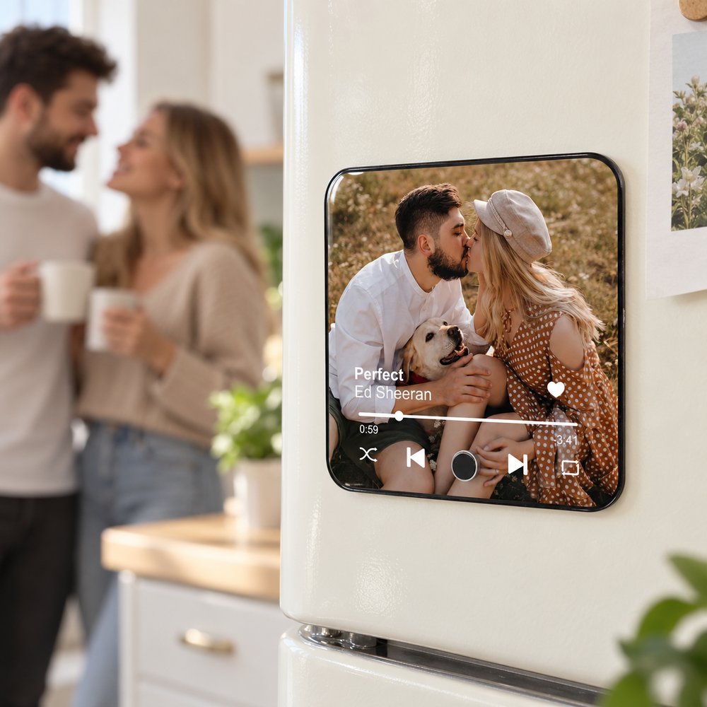 Custom photo couple music fridge magnet displayed on a bright kitchen refrigerator door