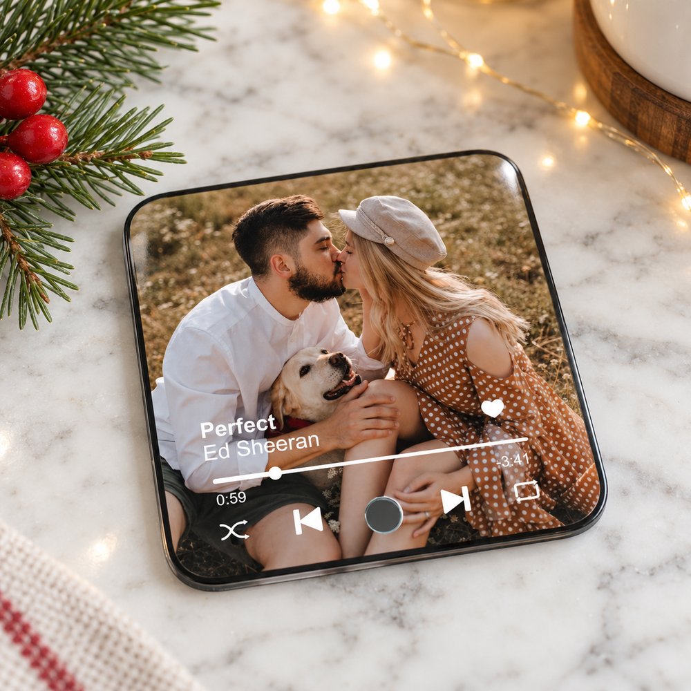 Personalized couple music fridge magnet on a kitchen counter with festive holiday decor