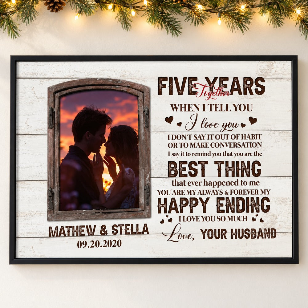 Custom Five Years Together couple framed print on wall with holiday garland