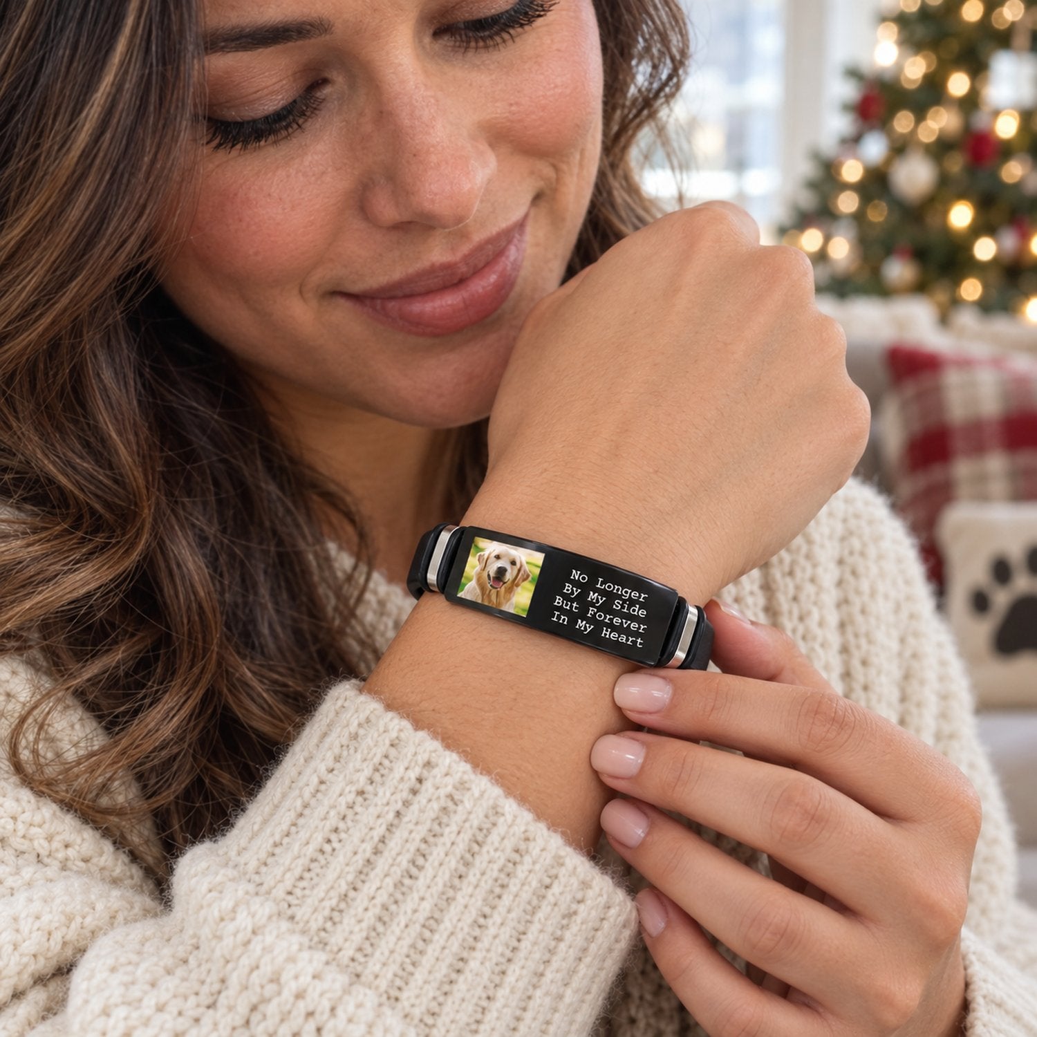 Pet lover wearing custom photo Forever In My Heart black memorial bracelet in cozy holiday room