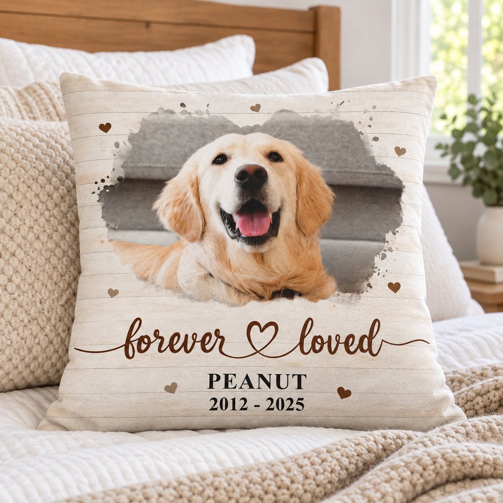 Forever loved personalized pet sympathy pillow displayed on a bright bedroom bed