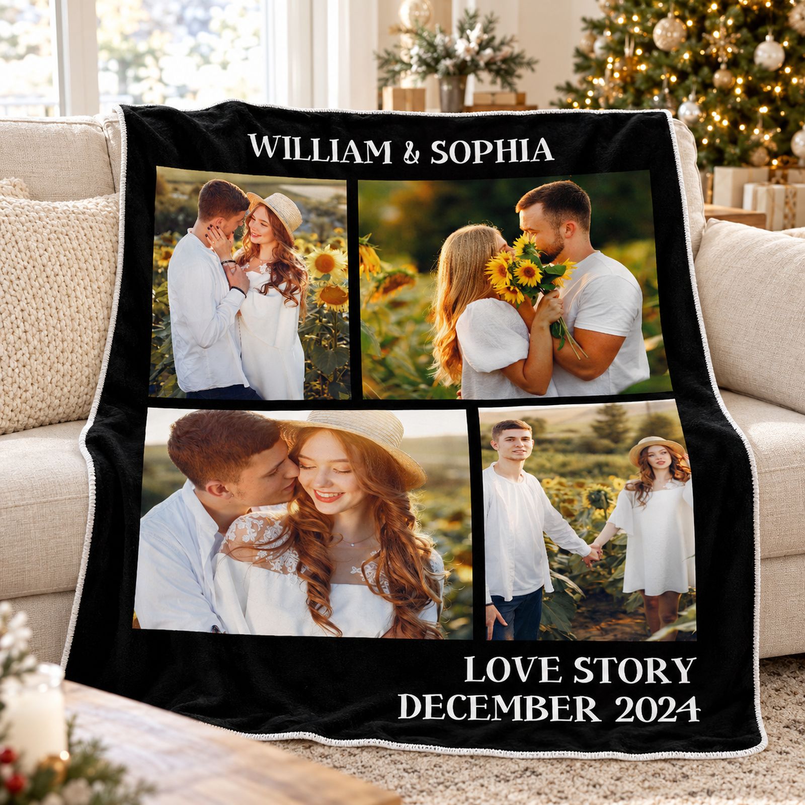 Personalized couple photo blanket with names draped on a cozy sofa near a Christmas tree