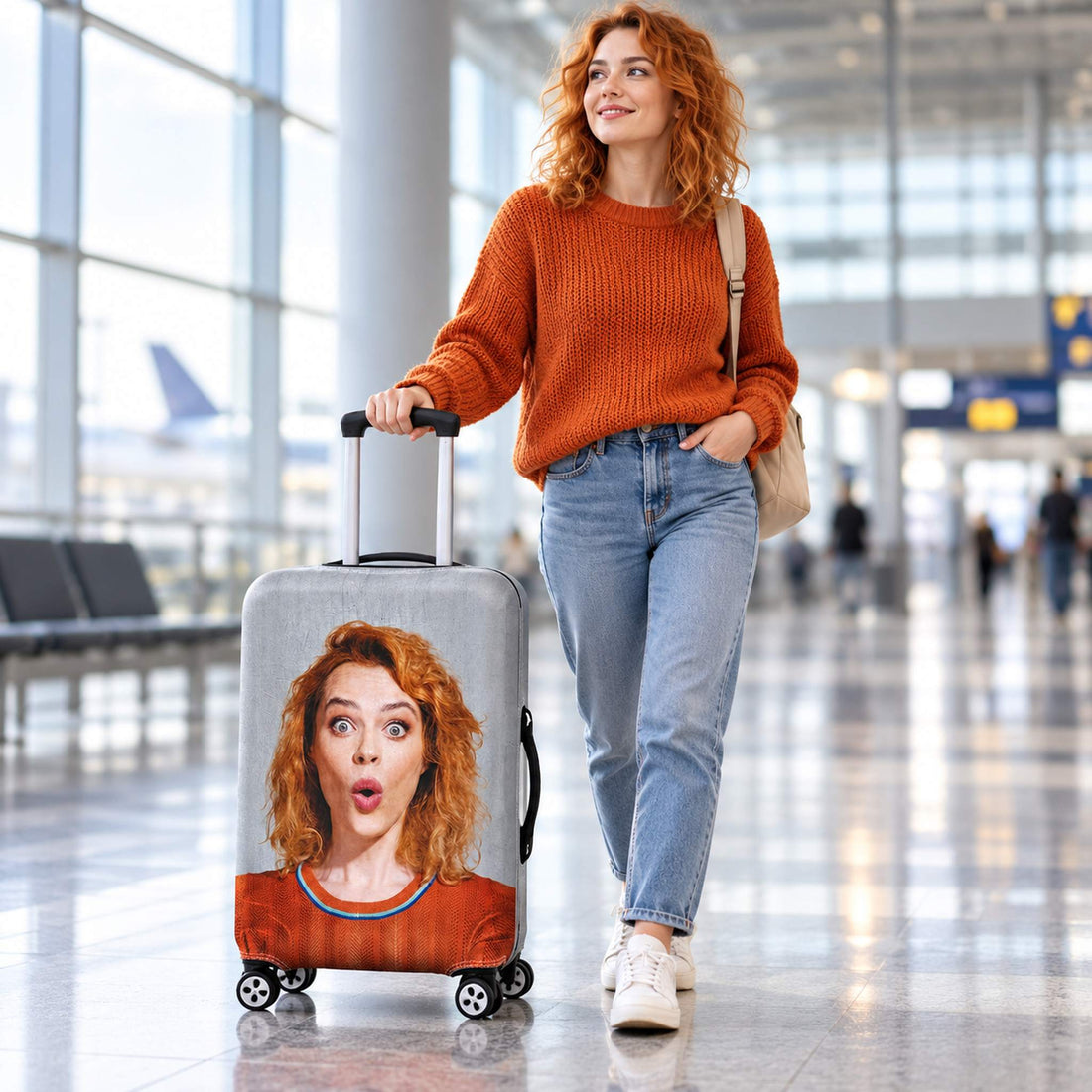 Custom photo luggage cover with surprised woman print on a carry-on suitcase in an airport