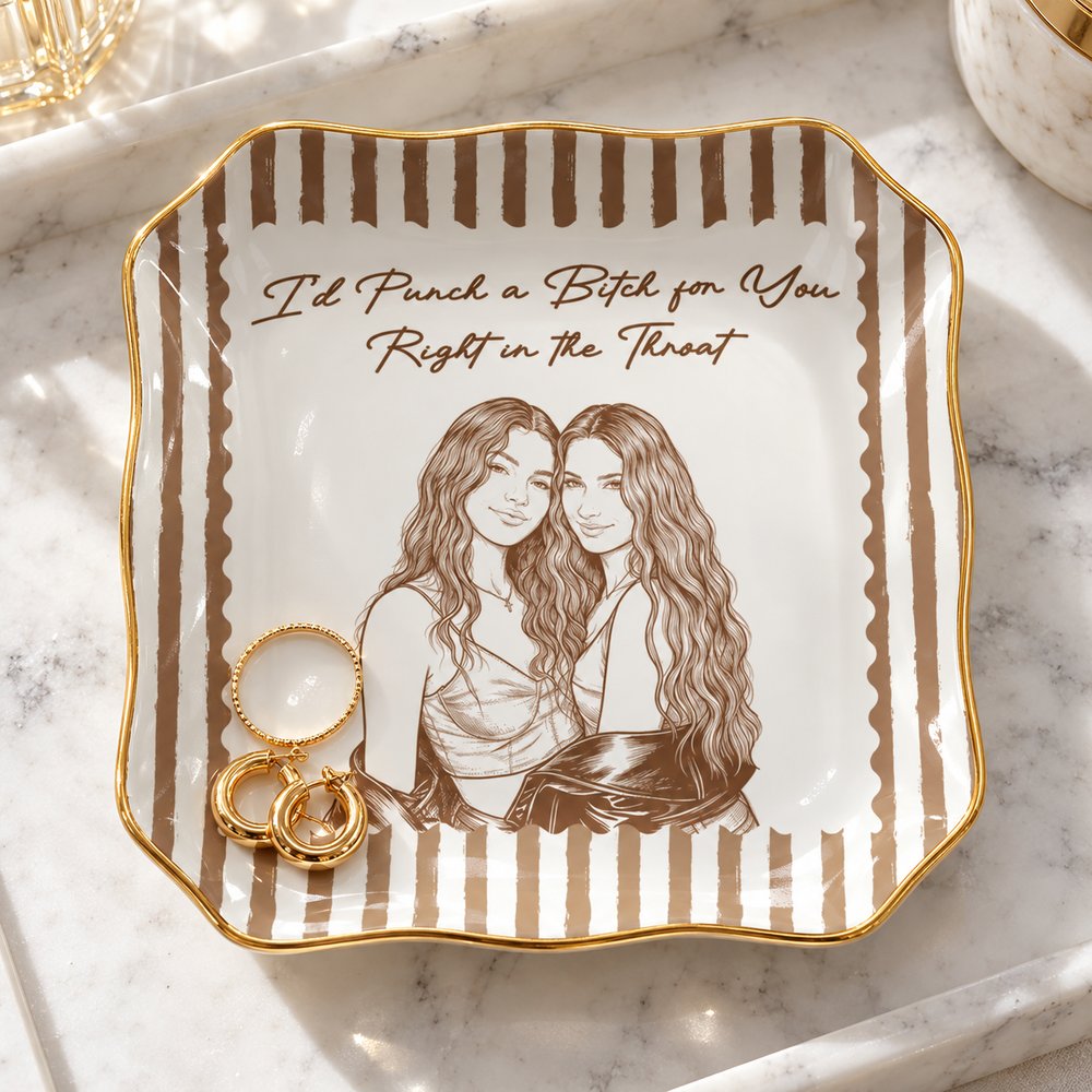 Custom photo friendship striped ceramic jewelry dish on vanity holding gold rings