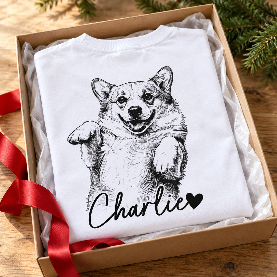 Personalized Dog Dad Corgi t-shirt folded in a holiday gift box with red ribbon