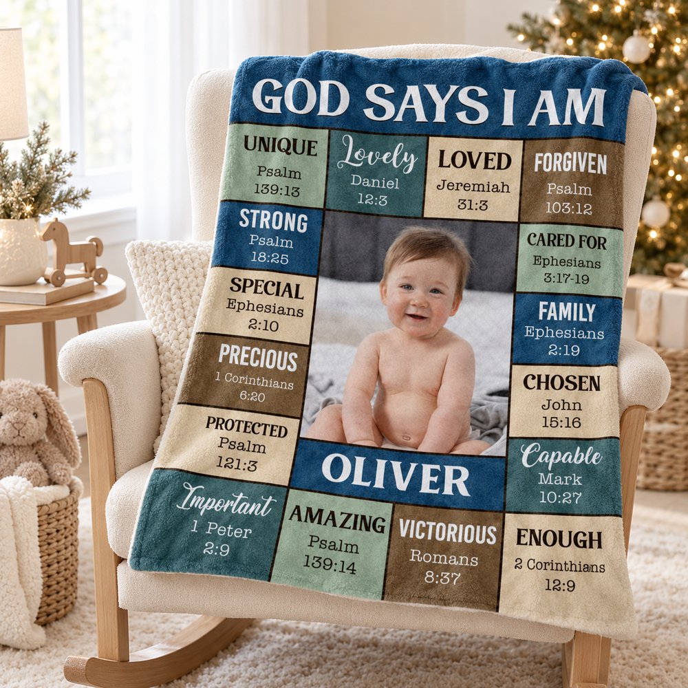 God Says I Am custom photo baby blanket draped on a nursery chair near a Christmas tree