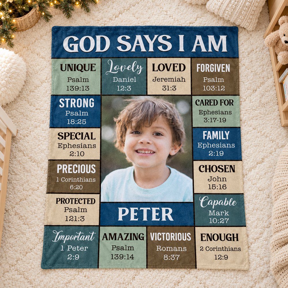 Custom Photo God Says I Am fleece blanket PETER variant spread flat on a nursery rug with holiday greenery
