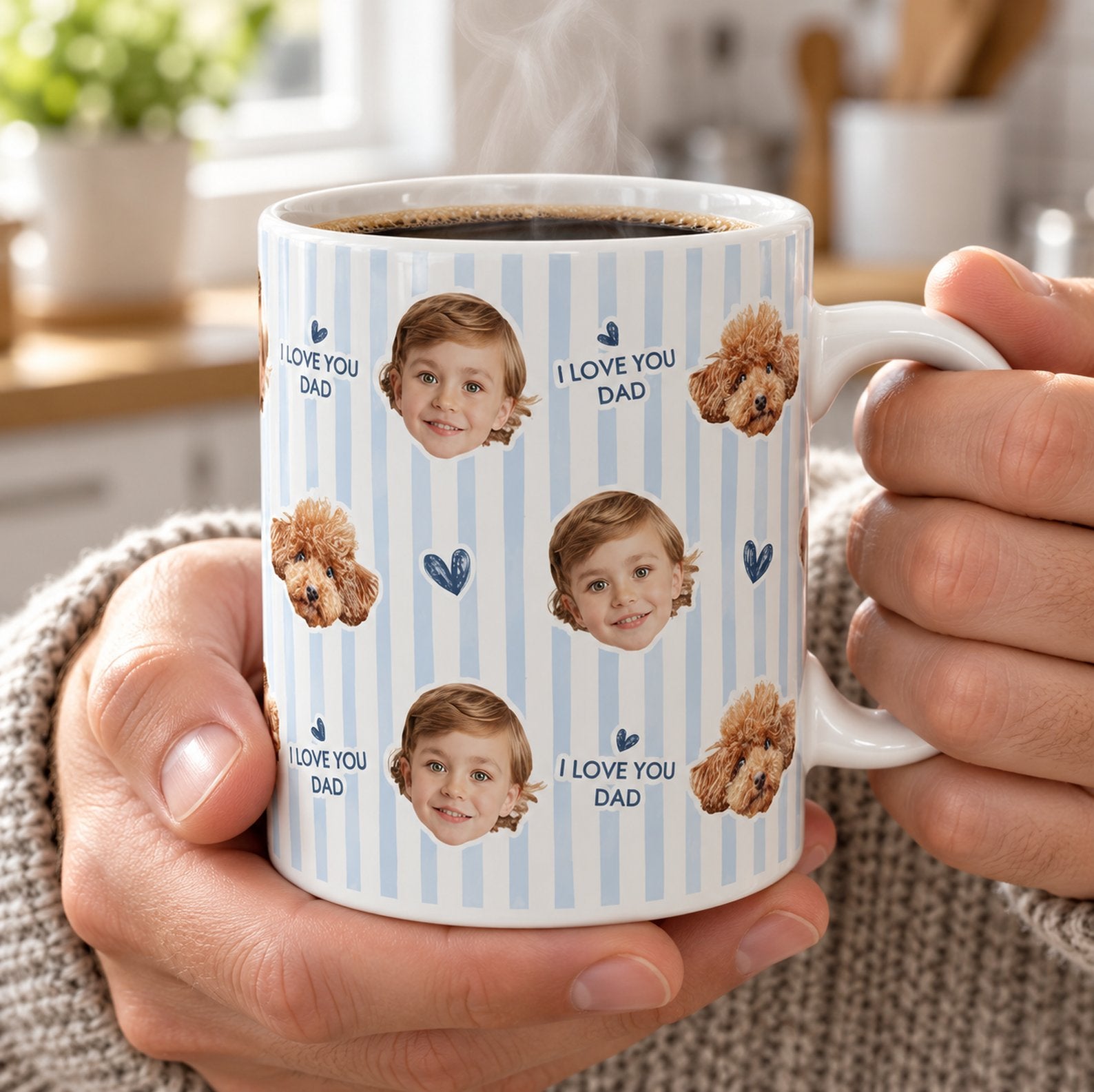Dad holding custom photo kid and dog face coffee mug with warm steam rising