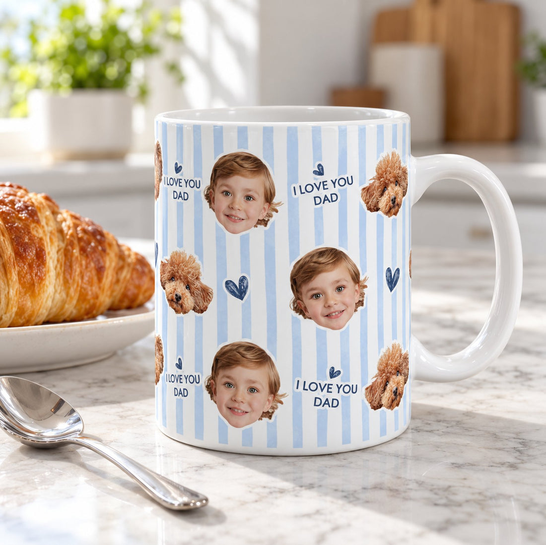 Personalized I Love You Dad photo mug next to a croissant and spoon for size reference