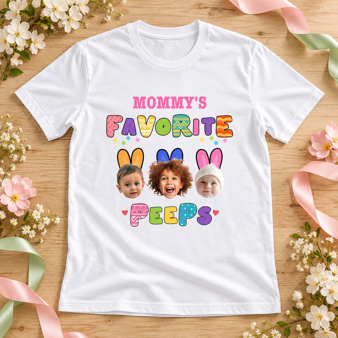 Custom photo Mommys Favorite Peeps white t-shirt laid flat with spring pastel ribbons