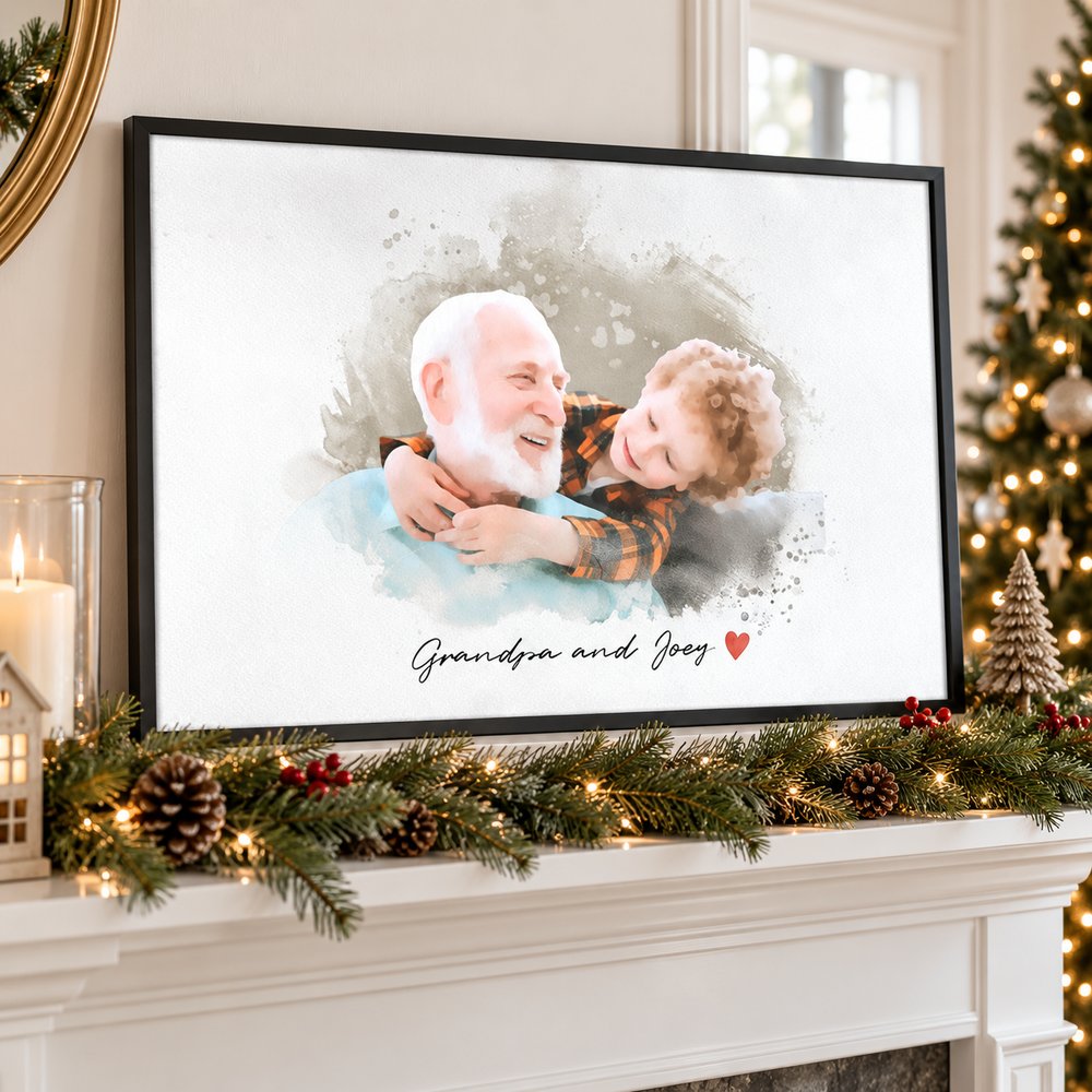 Custom Grandpa and Kid portrait print on holiday mantel with pine garland