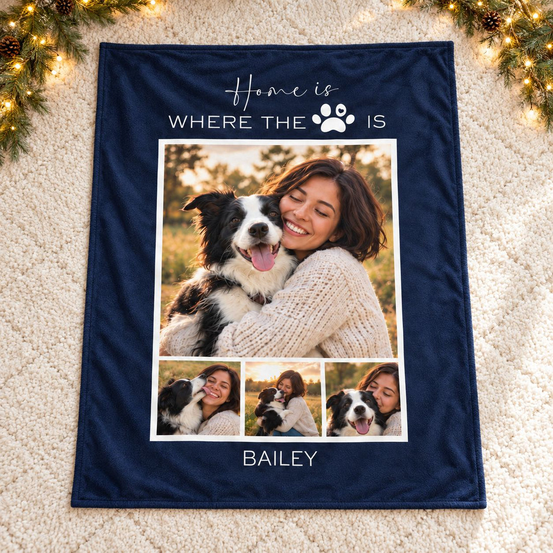 Custom photo dog blanket spread flat on a rug with holiday garland