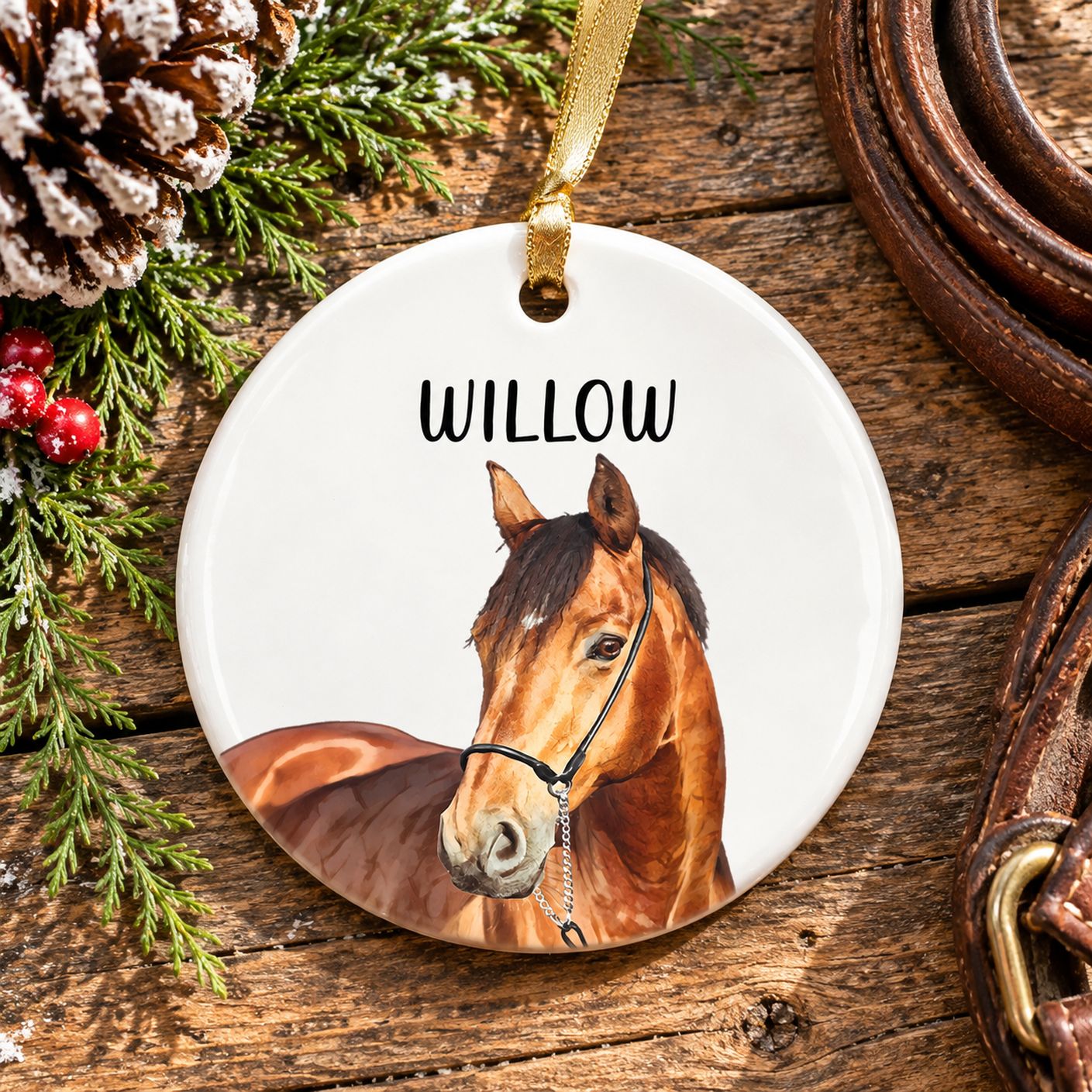 Personalized ceramic horse ornament on a wooden holiday table with pine sprigs