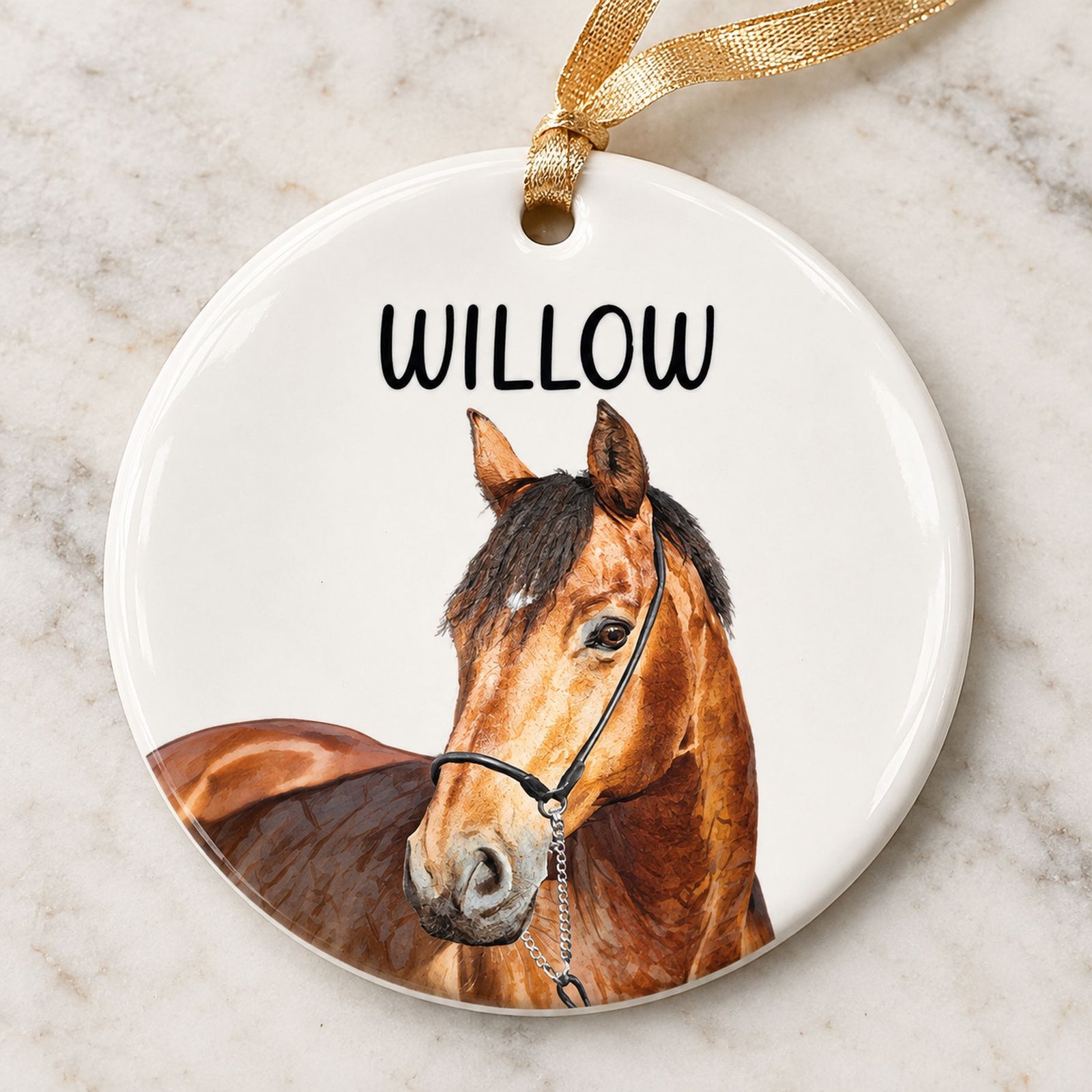 Close up detail of glossy ceramic finish and custom horse portrait print on ornament
