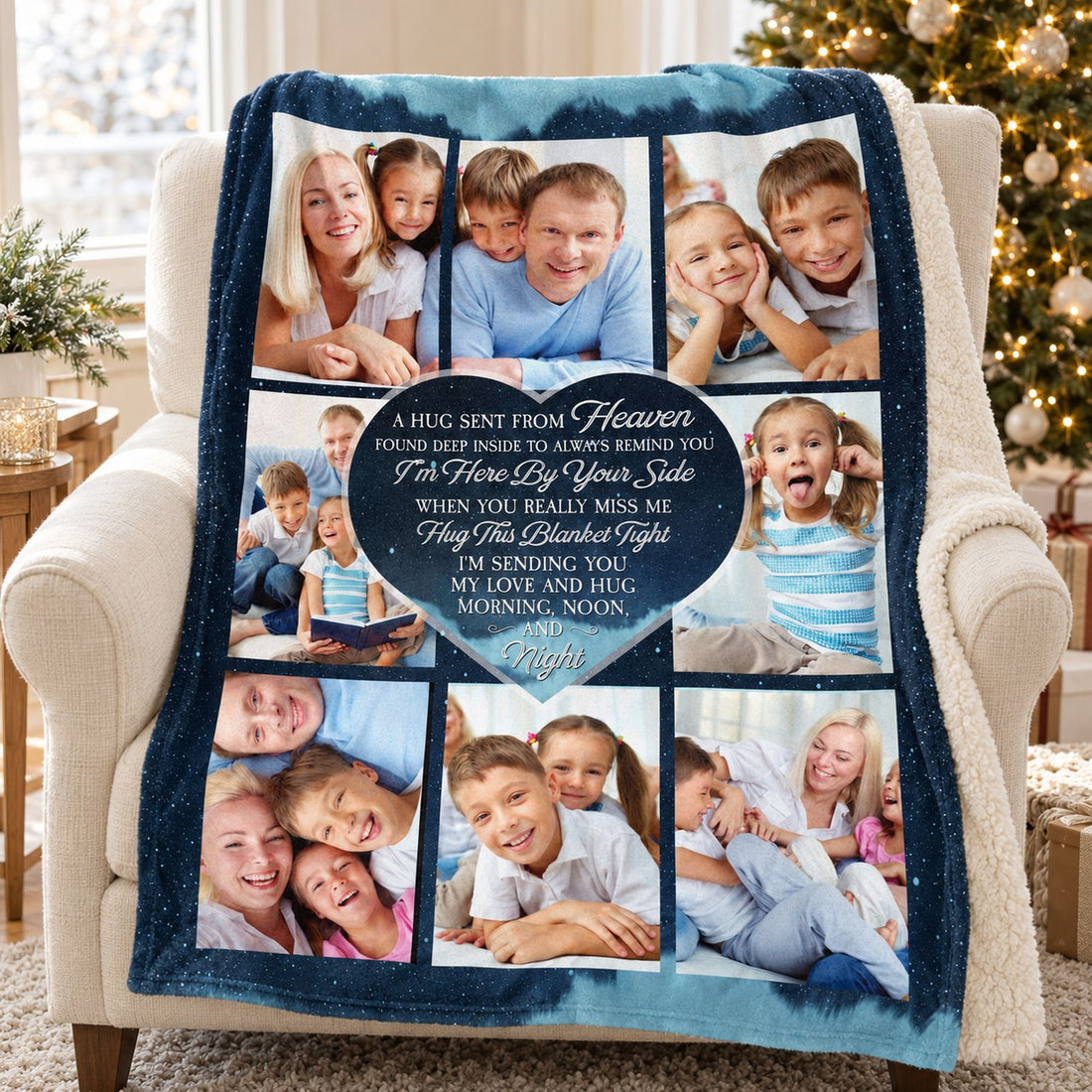 Custom photo memorial blanket draped on armchair near Christmas tree