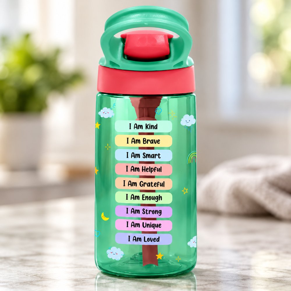 Close-up of printed I Am affirmations on personalized kids water bottle